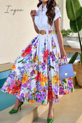 Ingvn - Celebrities Elegant Floral With Belt Turndown Collar Printed Dress Short Sleeve Dress