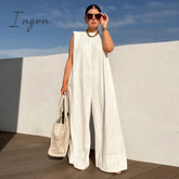 Ingvn - Solid Color Sleeveless Wide Leg Fitness Summer Fashion Female Loose White Black Casual Cool Jumpsuits for Women