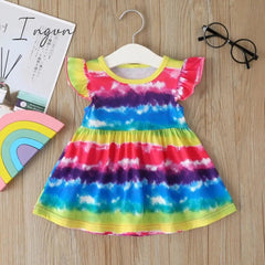 Ingvn - New Summer Baby Girls Tutu Dress Children Party Little Girl Kids Clothes Flying Sleeve Princess Rainbow Patchwork Outfits Dress