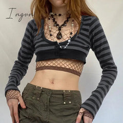 Ingvn - Y2K Striped Crop Top Button Knitted Full Sleeve T Shirt V Neck Vintage Grunge Tee Autumn Winter Women Harajuku Outfits