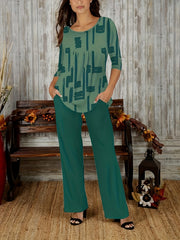 Plus Size Casual Outfits Two Piece Set, Women's Plus Brush Print Long Sleeve Round Neck Top & Pants Outfits 2 Piece Set