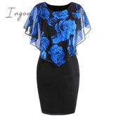 Ingvn - Plus Size Womens Dress Elegant Office Lady Rose Flower Print Cape Bodycon Knee Length Dress