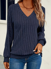 Ribbed Knit V Neck Pullover Top, Casual Long Sleeve Top For Fall & Winter, Women's Clothing