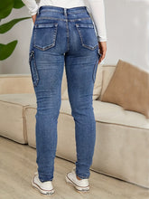 Womens Ultra-Skinny Cargo Jeans with Fashionable Flap Pockets - Classic Washed Blue Denim Pants - Premium Versatile Denim Clothing for Trendsetters