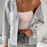 Cozy Chic Women's Knitted Cardigan - Soft V-Neck, Drooping Shoulder, Printed Button Detail, Warm and Stylish Winter Coat