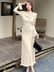Elegant Solid Knitted Dress for Women Vintage French Flare Sleeve Bodycon Princess Evening Party Womens Dresses Slim Vestidos