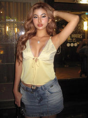 Sexy Mesh Patchwork Camisole Women Shirring Low-Neck Backless Tank Tops Hottie Street Versatile Trend Classic Outfits