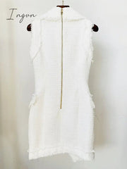 Ingvn - HIGH QUALITY Newest 2023 Fall Winter Designer Fashion Women Sleeveless Fringed Tweed Notched Lapel Asymmetrical Dress