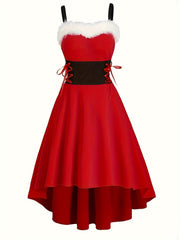 Vintage-Inspired Faux Fur Aline Swing Tank Dress - Contrast Trim, Asymmetrical Hem, Cross Tie Detail, Christmas Party Dress - Women's Clothing, Holiday Season Fashion