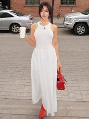Ingvn Fashion O-neck Sleeveless Long Tank Dresses for Women White Summer Casual Office Lady High Waist A-line Black Holiday Dress