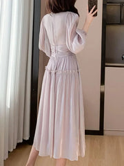 Elegant Party Tasseled with Diamonds Midi Dresses for Women Vintage Fashion New Ruffle Long Sleeve Slim Female Clothes Robe