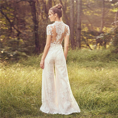 Pbong mid size graduation outfit romantic style teen swag clean girl ideas 90s latina aestheticNew Country Jumpsuits Wedding Dresses Custom Made Elegnat High Neck Short Sleeve Lace Appliqued Beach Boho Bridal Gowns