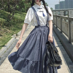 Ingvn - Spring Midi Skirt For Women Spring Summer Japanese Style Kawaii Lolita Skirt Teens Soft Girl High Waist Ruffles Suspender Skirts rok