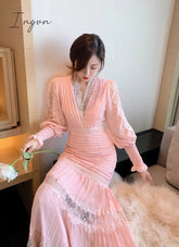 Ingvn - High Quality Self Portrait Dress Women Sexy V-neck Lantern Sleeve Long Sleeved Cake Long Dresses Chic Lace Summer Dress