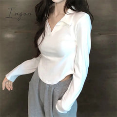 Ingvn - White T Shirt for Women 2023 New Long Sleeve Turn Down Collar Slim Tee Shirts Korean Fashion Office Ladies Casual Top