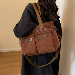 Ingvn Large Capacity Corduroy Women Tote Bag Classic Korea Style Elegant Shoulder Bag Traveling Multilayer Thick Classy Crossbody Bag