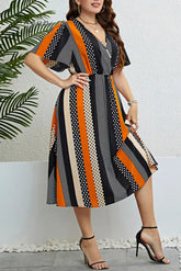 Ingvn - Casual Print Patchwork V Neck Short Sleeve Dress Plus Size Dresses