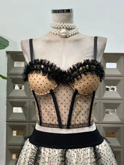 Summer Polka Dot Tight Top Mesh Women's Elegant Underwear Y2K Fashion Sexy Set Party Evening Dresses Two Piece Set Long Skirt