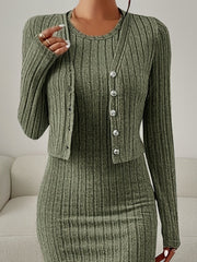 Chic Solid Two-Piece Set - Flattering Single-Breasted Cardigan & Sleeveless Bodycon Dress Outfit - Perfect for Casual or Formal Wear - Womens Fashion Clothing