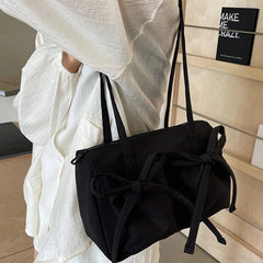 Ingvn Japanese Ins Style Shoulder Bag For Commuter Lightful Zipper Nylon Tote Bag Female Casual Large Capacity Bow Bag