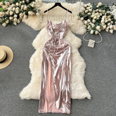 Sexy Spaghetti Strap Dress Women Elegant Shinny Sleeveless Backless Lace-up Bandage Slim Split Midi Ladies Dress Summer