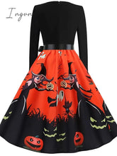 Ingvn - Women‘s Halloween Dress A Line Dress Knee Length Dress White Blue Orange Long Sleeve Print Pumpkin Ghost Patchwork Bow Print Fall Winter V Neck Hot Elegant Vintage Slim 2023 S M L XL XXL