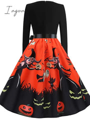Ingvn - Women‘s Halloween Dress A Line Dress Knee Length Dress White Blue Orange Long Sleeve Print Pumpkin Ghost Patchwork Bow Print Fall Winter V Neck Hot Elegant Vintage Slim 2023 S M L XL XXL