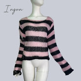 Ingvn - Plus Size Punk Gothic Long Unisex Sweater Dress Cool Hollow Out Hole Broken Jumper Loose Rock Thin Sweter Women Man Striped