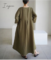 Ingvn - Women Summer Cotton dresses Nine-point Sleeves dress long Maxi dress loose robes casual Dress customized plus size dress boho Linen dress