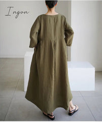 Ingvn - Women Summer Cotton dresses Nine-point Sleeves dress long Maxi dress loose robes casual Dress customized plus size dress boho Linen dress