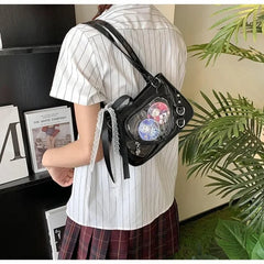 Ingvn Lace Handbags for Women Lolita Jk Transparent Y2k Fashion Shoulder Bag Square Japanese Style Casual Leather Ladies Love Bag