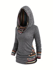 Stripe Splicing Button Decor Hoodie, Casual Long Sleeve Hoodie, Women's Clothing