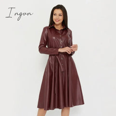 Ingvn - Winter Casual Sashes Pu Leather A-Line Dresses Women Turn-down Collar Long Sleeve Solid Color Knee Dress Office Lady Wear