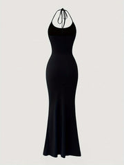 Solid Color Halter Neck Mermaid Dress - Sexy Backless Slim Fit, Flattering Ruffles, Flowy Hem, Perfect for Spring & Summer, Women's Stylish Clothing for Outdoor Events