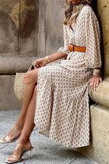Ingvn - Elegant Floral With Belt V Neck A Line Dresses