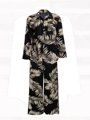 Two-piece Set, Leopard Print Button Front Long Sleeve Shirt & Wide Leg Pants Outfits, Women's Casual Clothing