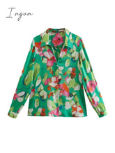 Ingvn - Women Vintage Contrast Color Print Single Breasted Blouse Female Casual Satin Long Sleeve Thin Shirts Ladies Chic Tops