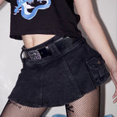 Harajuku Y2k Denim Skirt Women Dark Gothic Streetwear Mini Skirt with Skull Belt Mall Goth Punk Grunge Sexy Emo Clubwear