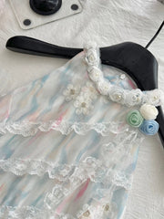 Summer French Elegant Original Design Mini Dress Women Print Lace 3D Floral Halter Party Dress Casual Chic Pretty Clothing