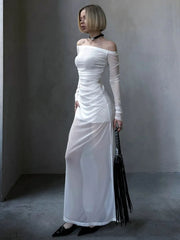 Ingvn Womens Elegant Slash Neck Long Sleeve Mesh Dress Sexy Female See Through High Waist Folds Slim Fit Long Dresses White Black