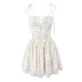 Sexy Elegant Women Lace Patchwork Floral Print Sling Mini Dress Low Waist A-line Summer Holiday Party Dresses Pretty Robe