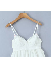 Summer Women Embroidery Spliced Bow White Sling Dress Sexy Sleeveless Back Lacing Up Ladies Holiday Party Mini Robe