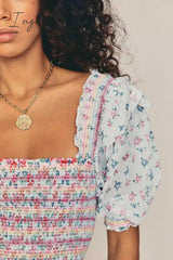 Ingvn - Inspired mixed floral prints ruffled party dress puff sleeve square neck smocked sexy laides dress mini chic summer dress