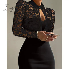 Ingvn - Women Summer Contrast Lace Long Sleeve Cutout Bodycon Dress Autumn Solid Black Long Sleeve Sexy Party Club Dress