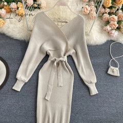 Ingvn - Women Shiny Knitted Dress Sexy V Neck Puff Sleeve Elastic Sheath Knitting Dress Autumn Solid Bow Sashes Pencil Dress