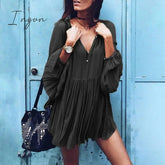 Ingvn - Loose Dress Autumn Women Long Sleeve Solid V Neck Party Dress Casual Loose Ruffled Pleated Party Vestido Robe