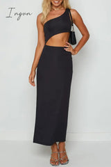 Sexy Solid Hollowed Out Slit Oblique Collar Irregular Dresses