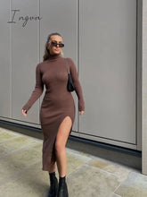 Ingvn - Vintage Elegant Brown Sheath Rib Dress Women Fashion Side Open Half Turtleneck Long Dresses Female Chic Vestidos