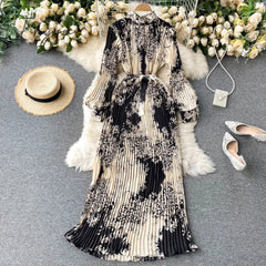 Ingvn - Autumn New Dress Temperament Turtleneck Waist Slim Long Sleeves Lace Up Wild Floral Maxi Vestidos UK016