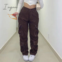 Ingvn - Women Spring Fashion Vintage Brown High Waist Cargo Pants Women Fashion Big Pockets Y2k Patchwork Baggy Jeans Women Harajuku Trousers Streetwear